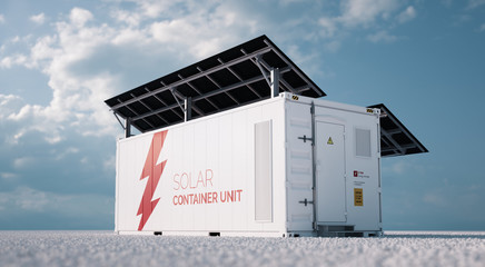 Solar container unit. 3d rendering concept of a white industrial battery energy storage container with mounted black solar panels situated on white gravel in empty landscape in sunny weather.  © malp