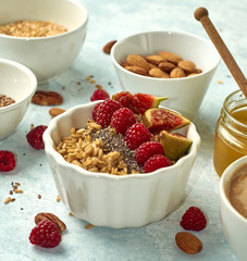 Oatmeal porridge with raspberry and figs in a bowl