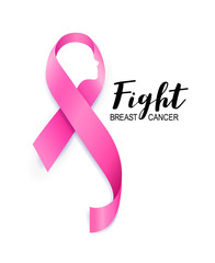 Woman face in pink ribbon. Breast Cancer Awareness Month Campaign. Fight cancer. Icon design for poster, banner, t-shirt. Illustration isolated on white background.