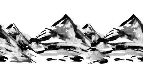 Seamless watercolor linear pattern, border. black mountain landscape. Vintage drawing. hand painted watercolor mountain silhouettes. Watercolor logo, invitation, card.