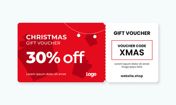 Christmas gift voucher card template vector illustration. 30% off sale coupon code promotion.