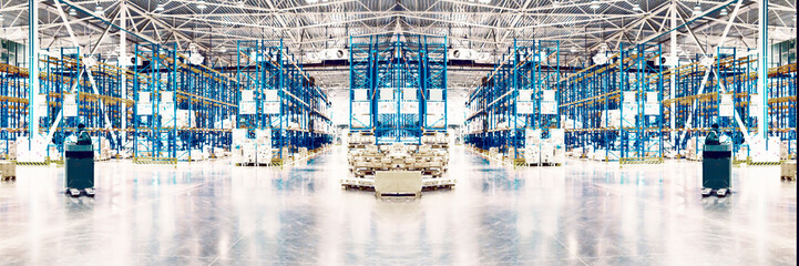 Wide panoramic industrial collage. Typical storage, warehouse interior. Selective focus. Copy space. 