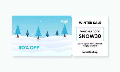 Winter sale gift voucher card template design with snow land landscape background vector illustration and coupon code text for discount promotion.