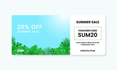 Summer sale gift voucher card template design with tropical leaf artwork background. Coupon code text promotion.