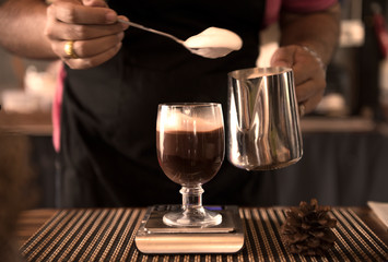 Low Key selective focuse close up home made hot chocolate