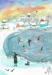 Winter landscape with ice rink. Christmas illustration.