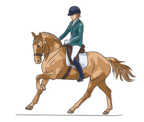 Young rider galloping on a sports pony, vector illustration