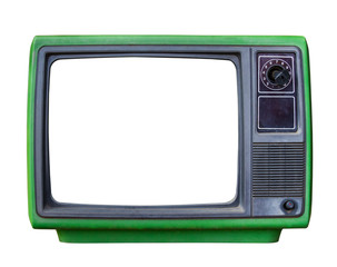 green classic vintage retro style old television with cut screen,old tv isolated on white background