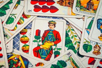Old vintage german  playing cards for card games such as Schnapsen, Skat, Kratzen, Schafkopf and others