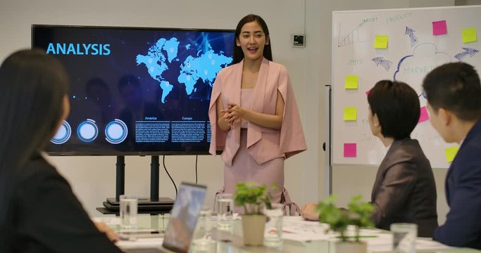 Business presentation. Attractive young business woman making presentation to her colleagues in the conference room.