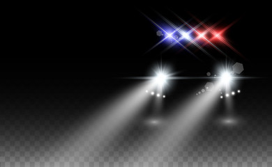 Realistic white glow round beams of car headlights, isolated on transparent background. Police car. Light from headlights. Police patrol.