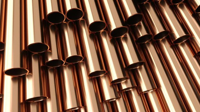 Set of copper pipes lying in one heap, 3D. 
