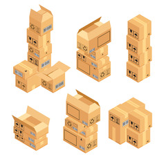 Stack of cardboard boxes isolated on white background. Concept of packing goods or moving. Vector illustration.