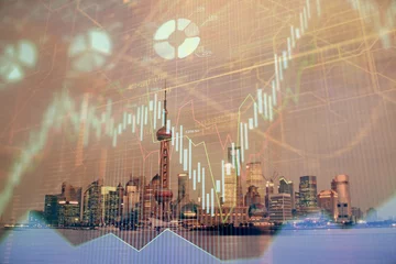 Fototapeten Shanghai Forex chart on cityscape with tall buildings background multi exposure. Financial research concept.  © peshkova
