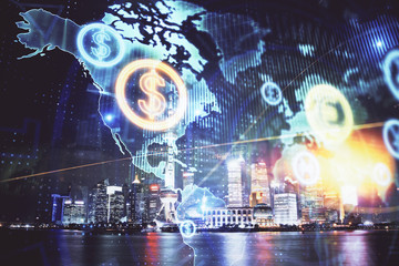 Obraz premium Financial graph on night city scape with tall buildings background multi exposure. Analysis concept.