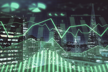 Financial graph on night city scape with tall buildings background multi exposure. Analysis concept.