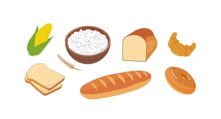 Flour products vector illustrations set. Long loaf, bread slices and wheat ear. Natural food and ingredients. Delicious baking, homemade pastry on white. Tasty croissant, corn and doughnut.