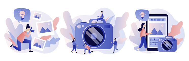 Photography concept. Photography workshop, processing workshop, photo portfolio creation concept. Modern flat cartoon style. Vector illustration