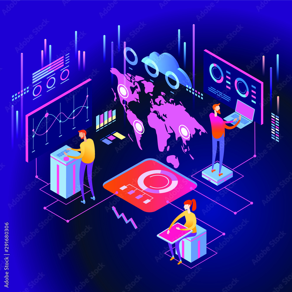 Wall mural people interacting with graphs and papers. workflow and business management. 3d vector isometric ill