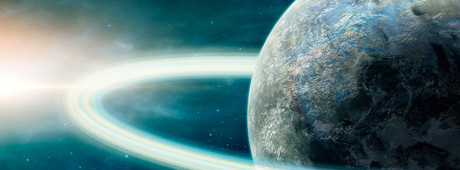 Obraz na płótnie Canvas Panoramic space scene. Planet with ring and nebula.. Elements furnished by NASA. 3D rendering
