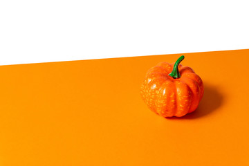 Bright ripe pumpkin with a ponytail on an orange-white background with place for text