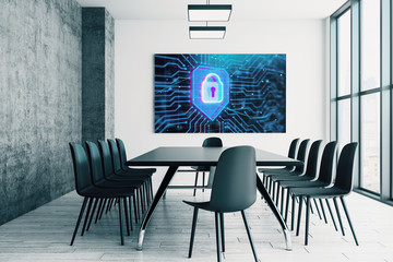 Conference room interior with lock icon on screen monitor on the wall. Data safety concept. 3d rendering.