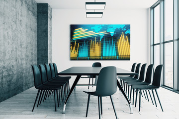 Conference room interior with financial chart and world map on screen monitor on the wall. Stock market analysis concept. 3d rendering.