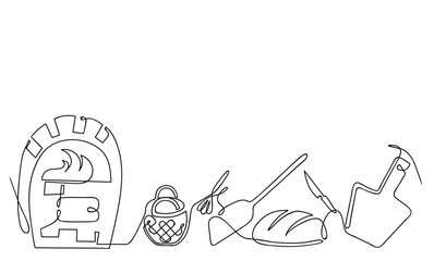 continuous line drawing vector baker set, black and white sketch of bread maker accessories. One line hand drawn illustration