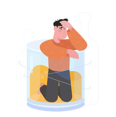 Sad alcoholic man character stands in a glass of whiskey. Concept of alcohol addicted, problem dependence bad habit. Vector illustration in flat style