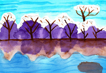 Snow Covered Forest at a Clear Lake, Hand Drawn Water Color Painting