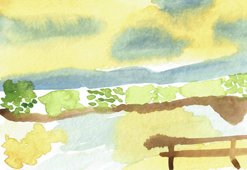 Lake, Bushes and the Sky, Hand Drawn Water Color Painting