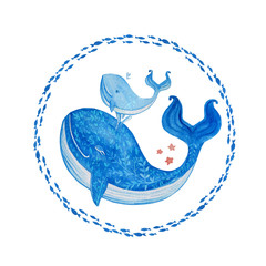 Blue Whale cartoon illustration isolated on white backdrop, watercolor doodle animal, round frame fish, decorative hand drawn wreath, Character design for travel card, children invitation, baby shower