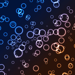 Bright pattern of neon circles. Abstract background with blue and orange tech geometric rings. Glowing iridescent vector design