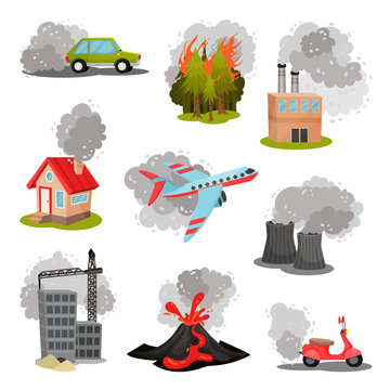 Set of images of air pollution sources. Vector illustration.