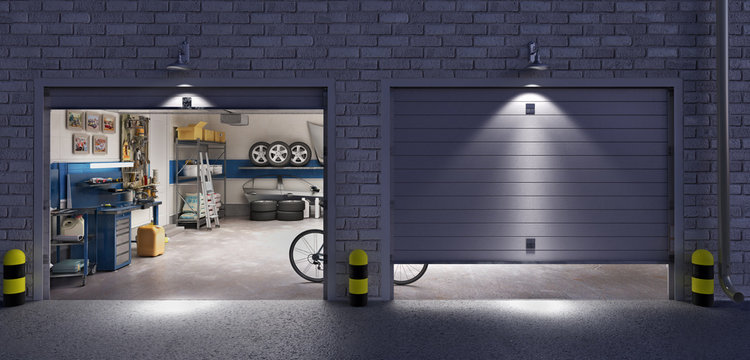 Garage with two roller doors, look outside at night, 3d illustration