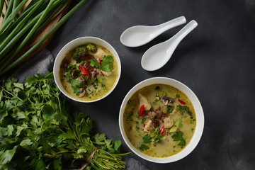 Traditional Thai cuisine, Thai Spicy Green curry chicken soup withcoconut milk, mushrooms and broccoli. Healthy food
