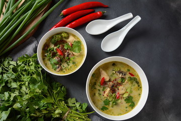 Traditional Thai cuisine, Thai Spicy Green curry chicken soup withcoconut milk, mushrooms and broccoli. Healthy food