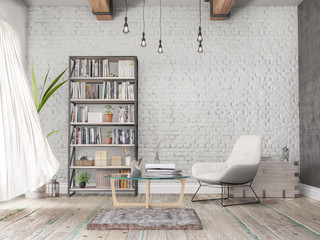 Reading room, old wall, wooden floor, books