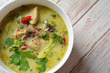Traditional Thai cuisine, Thai Spicy Green curry chicken soup withcoconut milk, mushrooms and broccoli. Healthy food