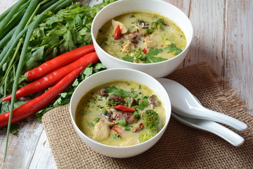 Traditional Thai cuisine, Thai Spicy Green curry chicken soup withcoconut milk, mushrooms and broccoli. Healthy food