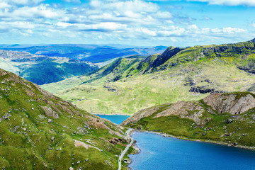 View of beautiful lakes in North Wales, Snowdonia National Park, mountains on the back, selective focus