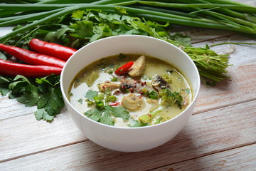 Traditional Thai cuisine, Thai Spicy Green curry chicken soup withcoconut milk, mushrooms and broccoli. Healthy food