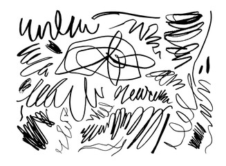 Big collection of black brush strokes, lines, grunge curly elements. Vector ink illustration.