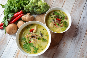 Traditional Thai cuisine, Thai Spicy Green curry chicken soup withcoconut milk, mushrooms and broccoli. Healthy food