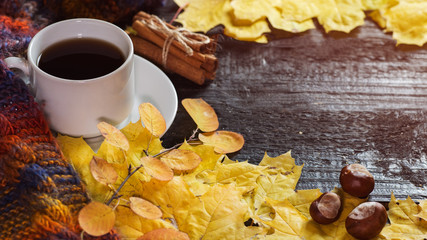 A white Cup of coffee for the morning on a dark wooden table with autumn yellow maple leaves and copyspace