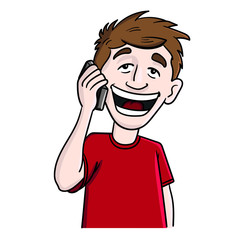 colored illustration of a laughing boy with red t shirt holding a smartphone in hand and phoning.