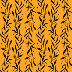 Vector seamless pattern. Vertical black floral branches with leaves on orange background. Simple design for fabrics, wallpapers, textiles, web design.