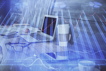 Multi exposure of forex graph and work space with computer. Concept of international online trading.