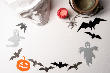 Photo of paper skull, pumpkin, ghost, bat .