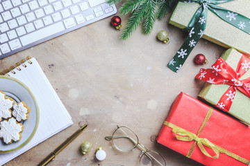 Workspace in Christmas style with laptop
